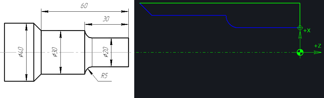 Рисунок 3. Чертеж детали и контур перехода (синий – обрабатываемая поверхность, зеленый поверхность заготовки)
